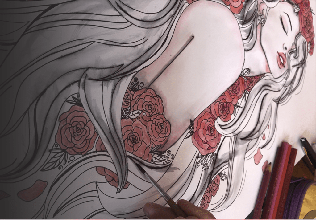 Disegno creato con varie tecniche pittoriche, Rose, portrait, colore, matite, acrilico, acquerelli, Monogramp